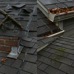 Four common causes of emergency roof repair on an asphalt shingle roof, including storm damage, clogged gutters, flashing failure, and moss-covered aging shingles