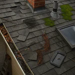 A residential asphalt shingle roof showing multiple causes of leaks, including missing shingles, cracked chimney flashing, moss growth, clogged gutter, vent pipe damage, ponding water, and a deteriorating skylight