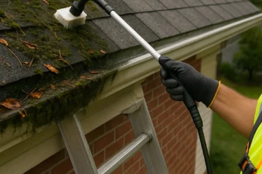 Close-up of loose gutter detaching from fascia on a brick home in Cincinnati
