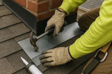 Applying base flashing around a chimney stack on a Cincinnati, Ohio roof