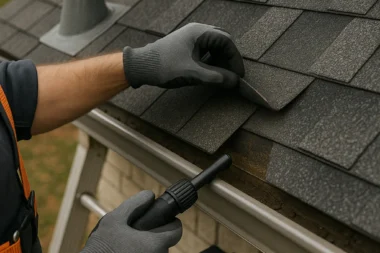 Technician securing asphalt shingles during a roof repair on a Cincinnati home