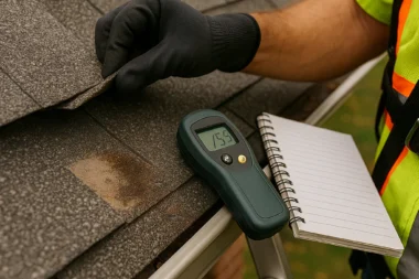 Roofing technician inspecting asphalt shingles on a residential Cincinnati home
