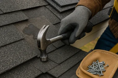 Roofer using a nail gun to install new asphalt shingles on a Cincinnati roof