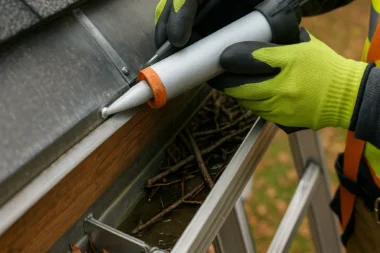 Roof technician resecuring gutter with drill and brackets on Cincinnati home