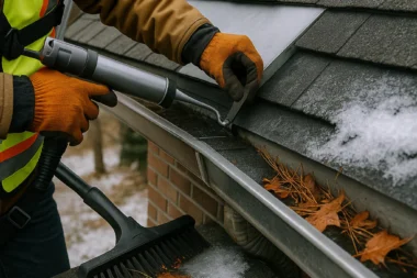 Technician replacing rotted fascia board beneath roof edge on a Cincinnati home