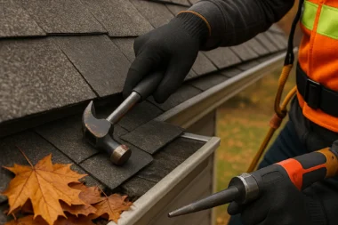 Roof technician removing debris and leaves from a clogged gutter on a Cincinnati home