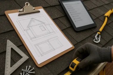 Tablet and clipboard placed on roof edge during drone-based roof inspection in Cincinnati