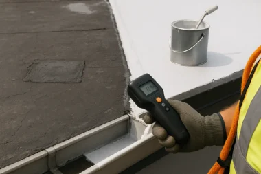 Roofing technician inspecting a flat commercial roof with safety harness and tools in Cincinnati