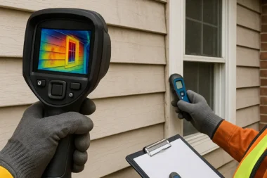 Infrared thermal imaging scan being used to detect hidden moisture in siding and roofing in Cincinnati