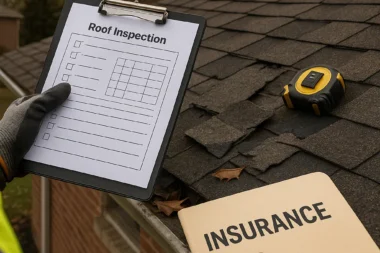 Roof inspection clipboard and measuring tools placed on shingles during an insurance claim assessment in Cincinnati