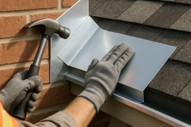 Close-up of step flashing installation on a brick roof wall intersection in Cincinnati, Ohio, showing proper layering of flashing and shingles