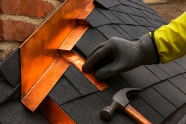 Roof flashing installation detail at brick siding intersection with visible asphalt shingles and layered protection, Cincinnati OH