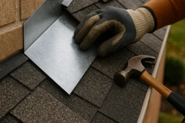 Close-up of step flashing being installed under asphalt shingles along a vertical wall, showing layered protection in Cincinnati home roofing