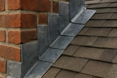 Step flashing installed along a brick wall and asphalt shingle roof in Cincinnati, creating a waterproof seal at the roof-to-wall transition