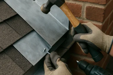 Roofing contractor installing step flashing along brick siding on an asphalt shingle roof in Cincinnati, using standard safety gear