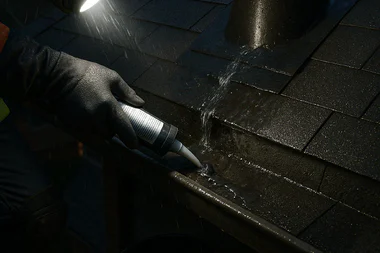 Low-light view of roof vent pipe flashing and sealant on an asphalt shingle roof in Cincinnati, Ohio