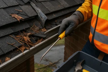 Roof repair showing exposed decking and pipe boot flashing installation on asphalt shingles in Cincinnati, Ohio