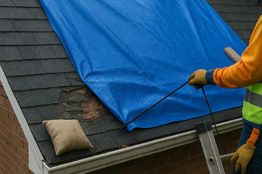 Blue emergency tarp covering a damaged roof section in Cincinnati, secured with wooden framing to prevent water intrusion