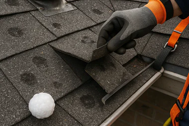 Asphalt shingle roof in Cincinnati with scattered hailstones and visible damage from recent storm impact