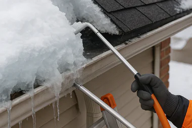 Snow and ice buildup on asphalt shingle roof in Cincinnati with visible gutter overflow and storm-related damage