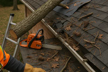 Residential roof repair in Cincinnati showing removed shingles, exposed underlayment, and wood decking preparation