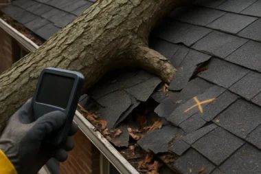 Fallen tree limb resting on asphalt shingle roof in Cincinnati, causing visible storm damage near the roof edge