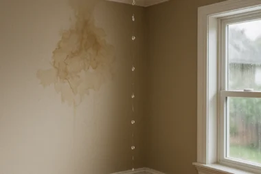 Water-stained ceiling and drywall in a Cincinnati home caused by a roof leak, with visible mold and discoloration around light fixture