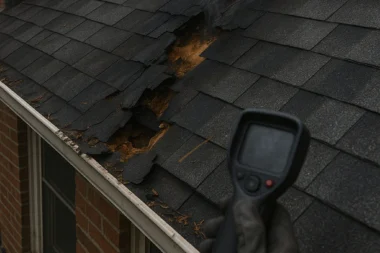 Darkened asphalt shingles on Cincinnati roof showing water staining and possible storm runoff damage near roof edge