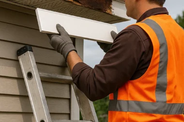 Contractor replacing damaged fascia board on a home in Cincinnati, Ohio