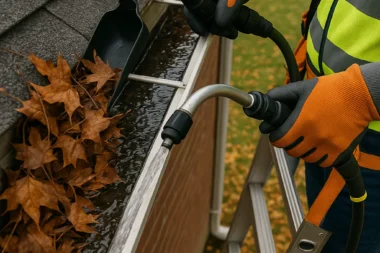 Professional gutter cleaning service in Cincinnati, Ohio with safety gear and debris removal