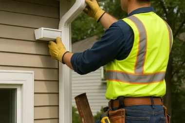 Technician replacing a damaged gutter downspout on a Cincinnati, Ohio home