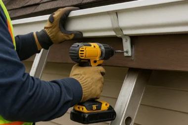 Roofing technician resecuring a loose gutter on a Cincinnati, Ohio home