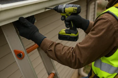 Technician adjusting residential gutter slope in Cincinnati, Ohio for proper drainage