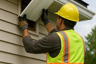 Technician repairing soffit panels on a residential home in Cincinnati, Ohio