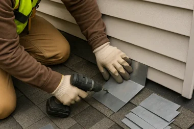 Installing step flashing at a roof-to-wall joint on a home in Cincinnati, Ohio