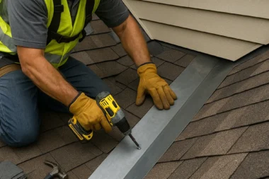 Roofing technician installing valley flashing between roof slopes in Cincinnati, Ohio